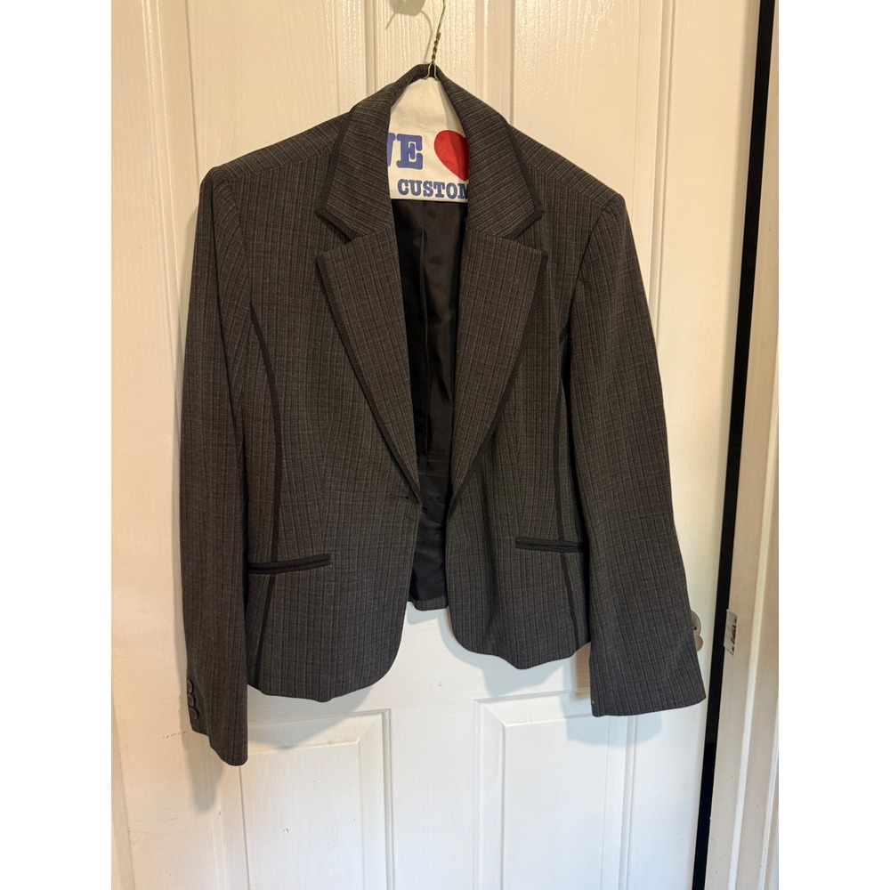 Jones Wear Stretch Blazer Charcoal Gray Black Trim Professional Suit Jacket